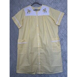 Vtg Mumu House Dress XL Yellow Seersucker Embroidered Lounge Grannycore Cottage